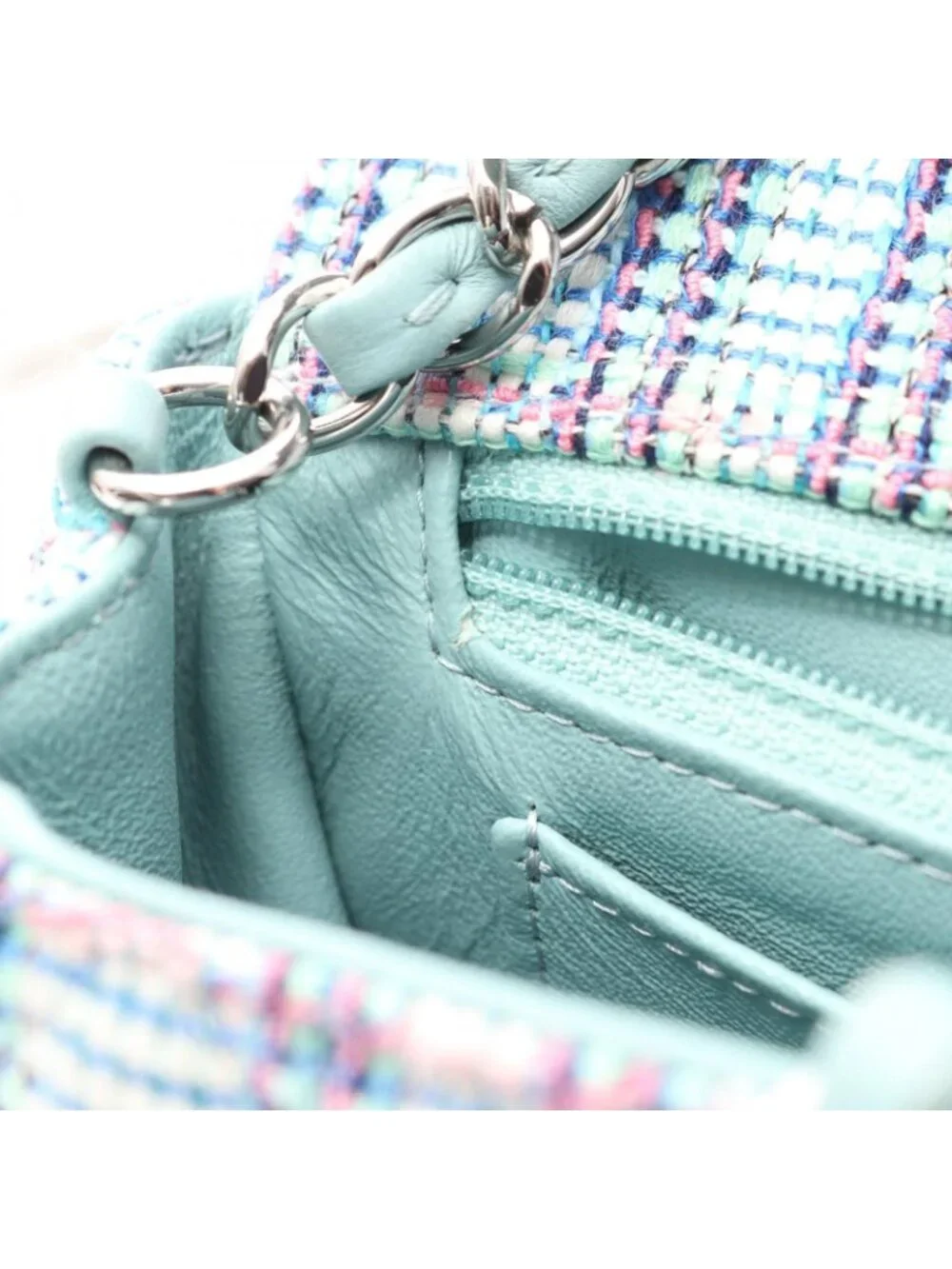 Chanel Shoulder Bag Mini Quilted 20 Mint Green Blue Fabric Chain
